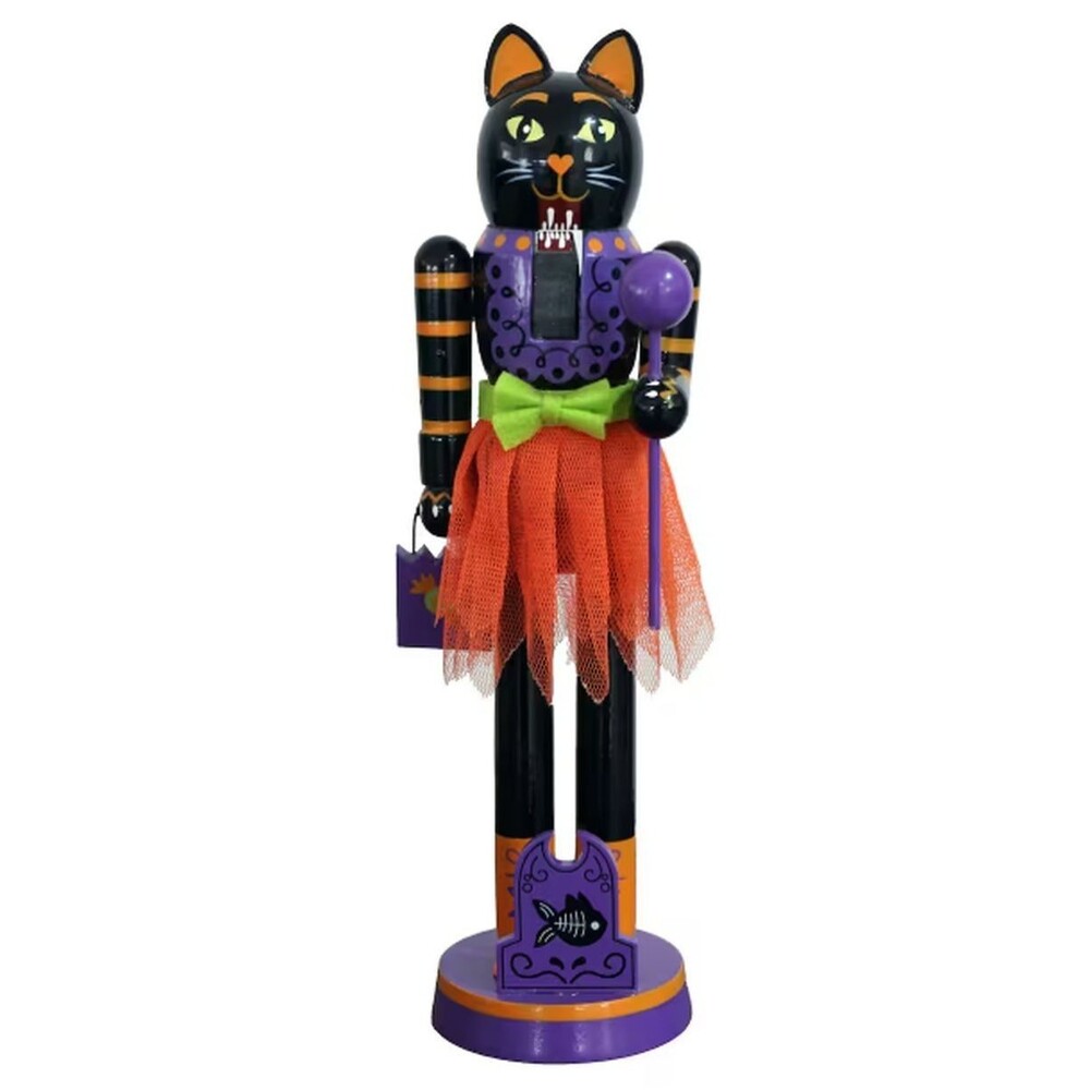 Wooden Nutcracker, 9.5" HALLOWEEN,BLACK CAT IN ORANGE SKIRT & TOMBSTONE, Ashland